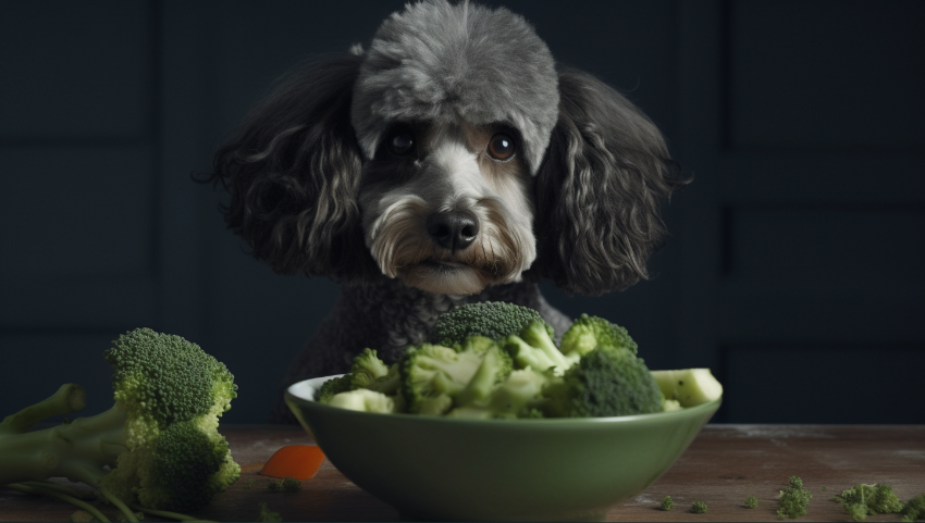 Dog eating broccoli