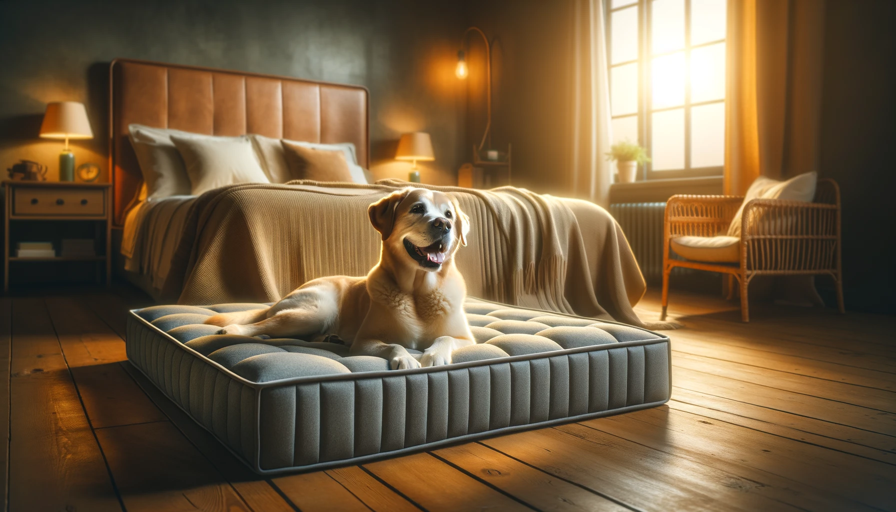 A cozy and inviting bedroom scene with a happy dog lounging comfortably on an orthopedic bed, designed to highlight the bed's supportive and therapeut