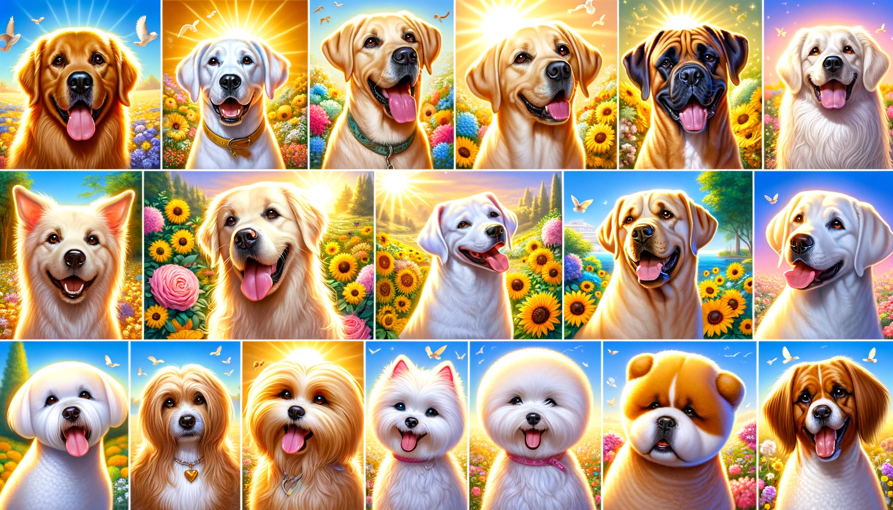Create a bright and joyful image featuring a collage of ten light-skinned dog breeds, each showcasing its unique charm and beauty. These dogs include
