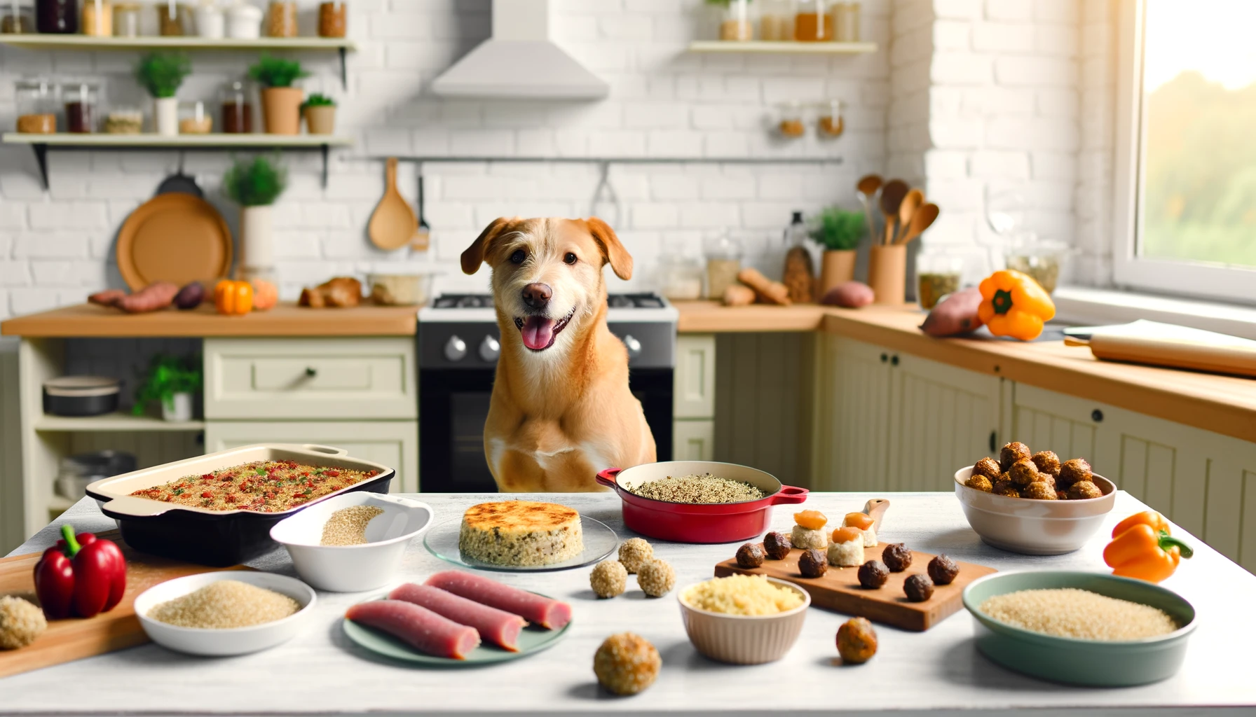 dog sitting in a kitchen filled with natural light, surrounded by ingredients and dishes that include quinoa in their rec